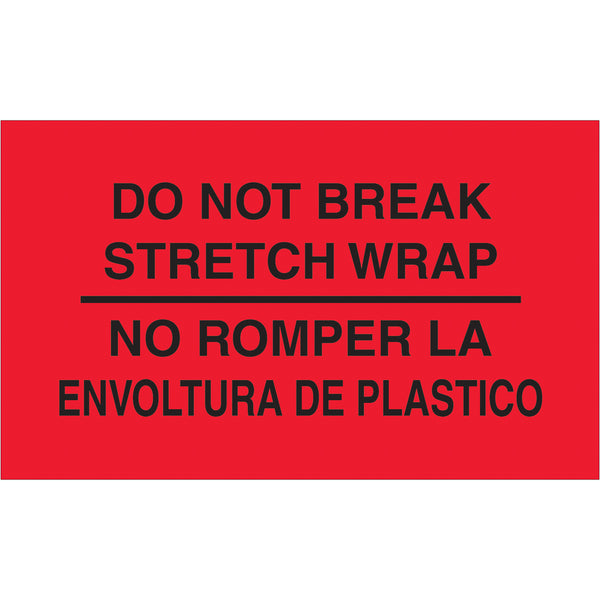 3 x 5" - "No Romper La Envoltura De Plastico" (Fluorescent Red) Bilingual Labels 500/Roll